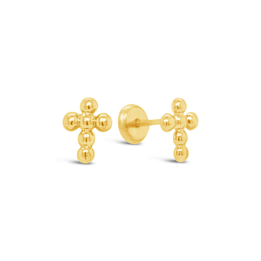 14K Yellow Gold Large Beaded Cross Screwback Earrings