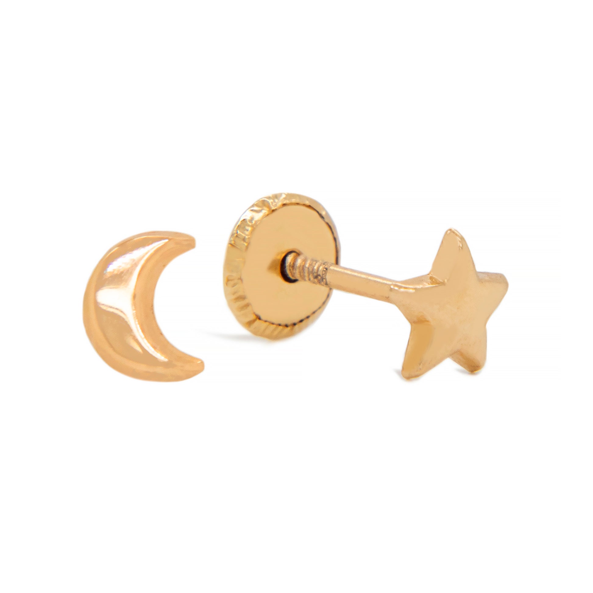 14K Yellow Gold Small Star & Moon Screwback Earrings