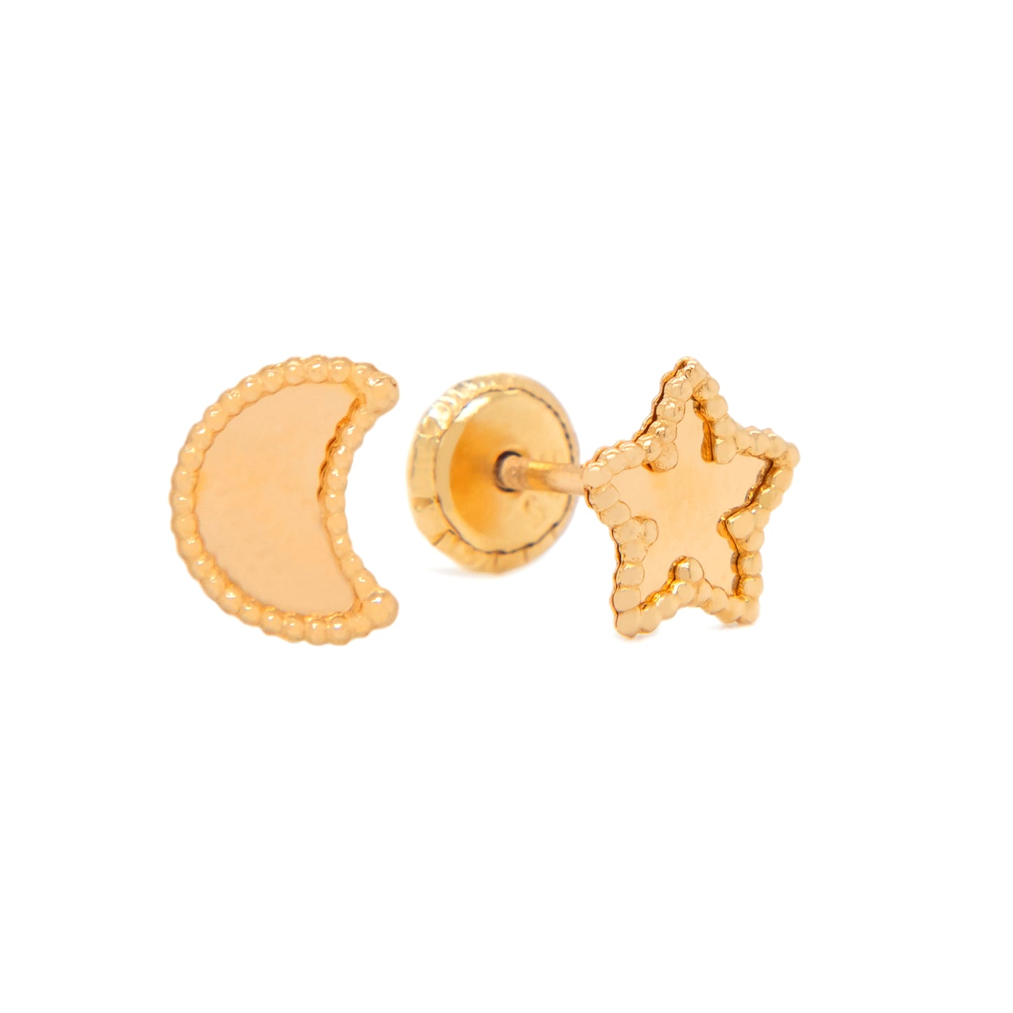 14K Yellow Gold Detailed Small Star & Moon Screwback Earrings