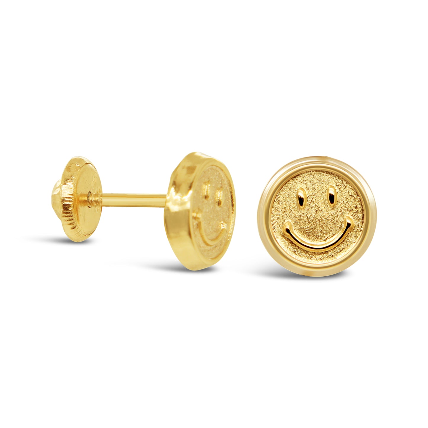 14K Yellow Gold Matte Happy Face Stud Screwback Earrings