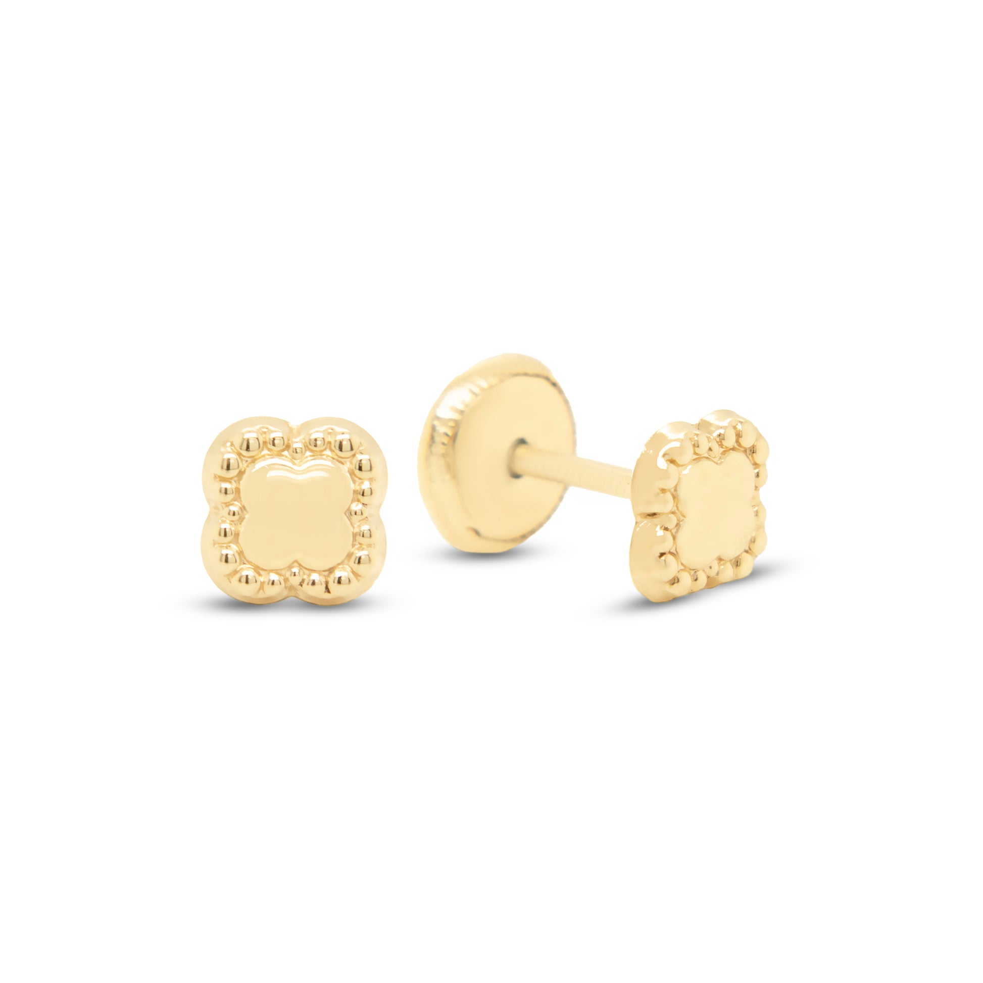 14K Yellow Gold Small Beaded Clover Screwback Earrings