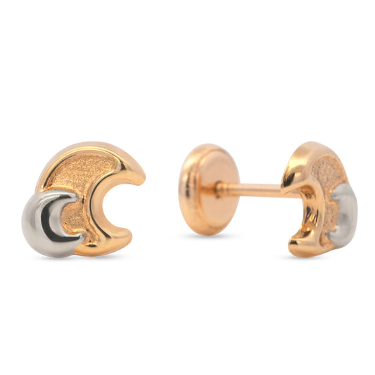 14K Two-Tones Gold Textured Crescent Moon Studs