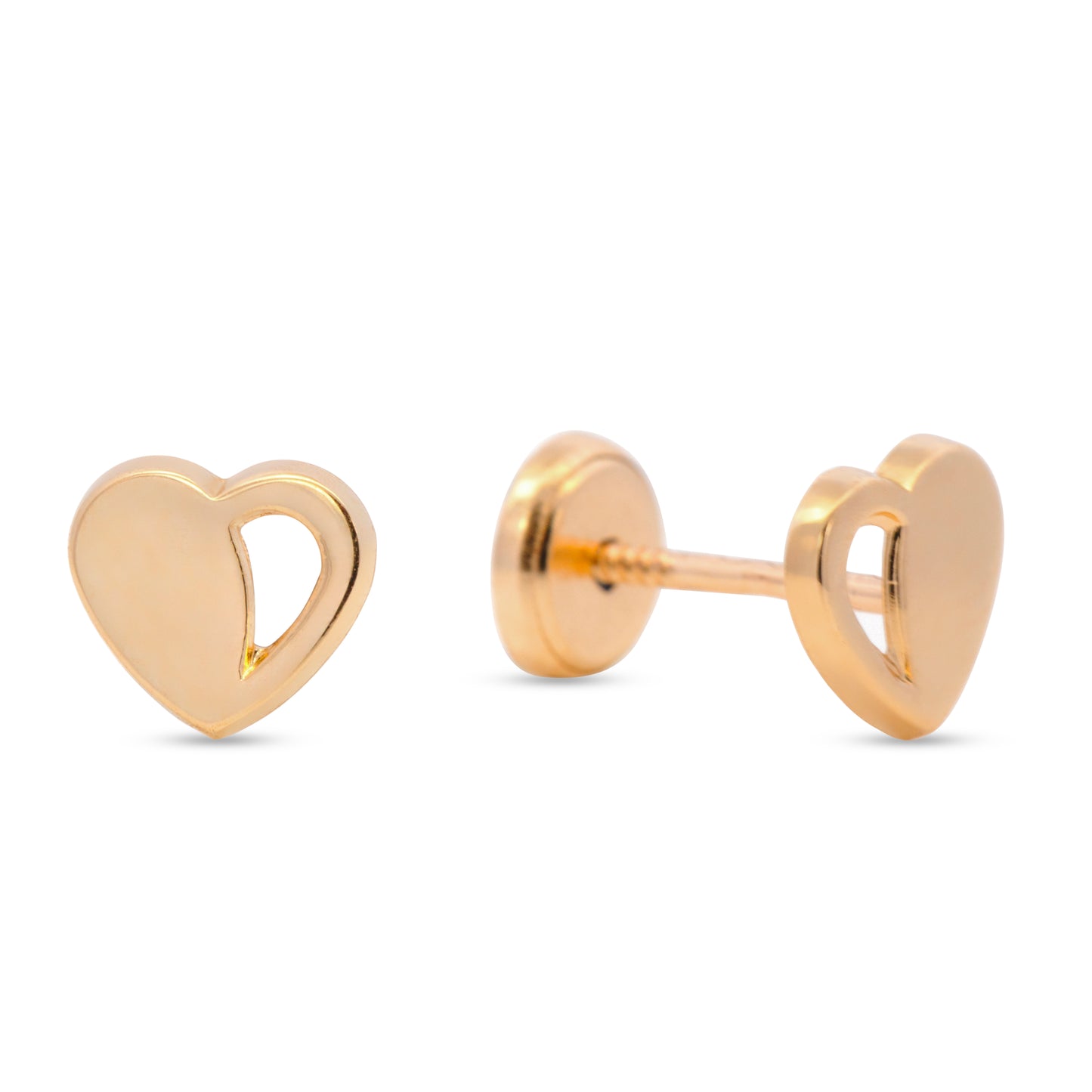 14K Yellow Gold Half Open Half Polished Heart Stud Screwback Earrings