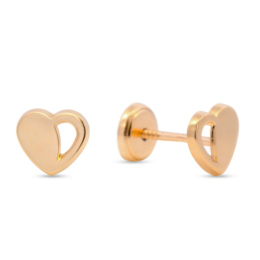 14K Yellow Gold Half Open Half Polished Heart Stud Screwback Earrings