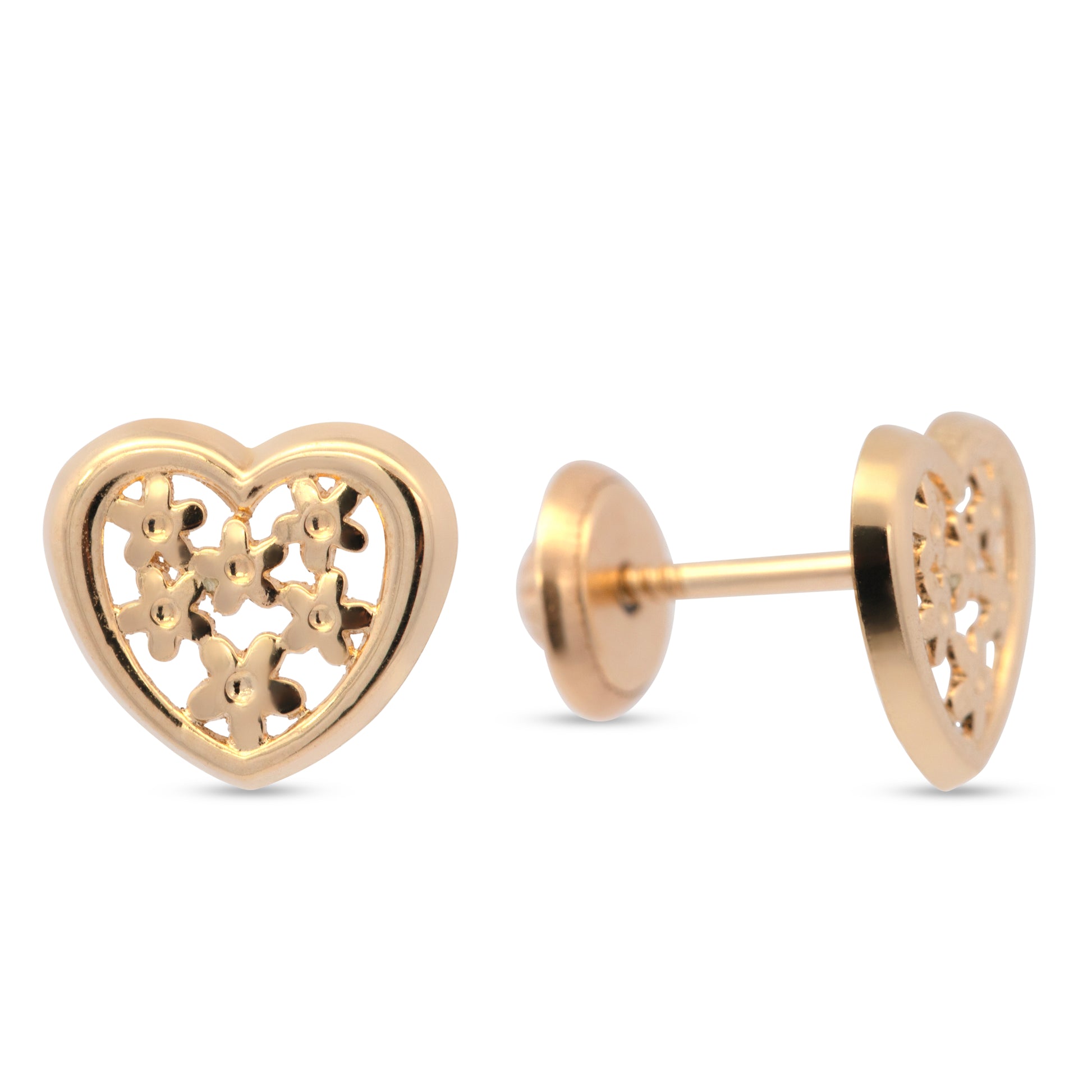 14K Yellow Gold Floral Heart Screwback Earrings