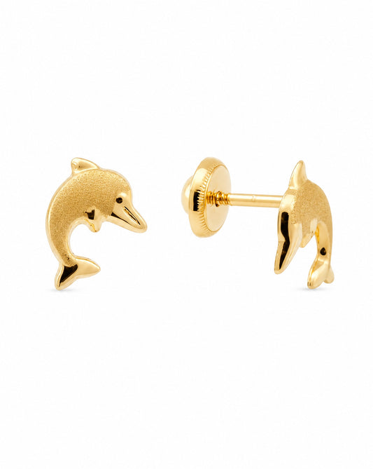 14K Yellow Gold Medium Matted Dolphin Screwback Earring