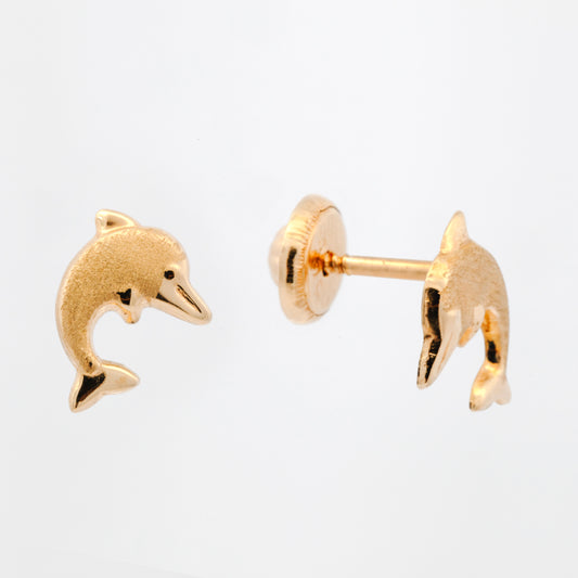 14K Yellow Gold Medium Matted Dolphin Screwback Earring
