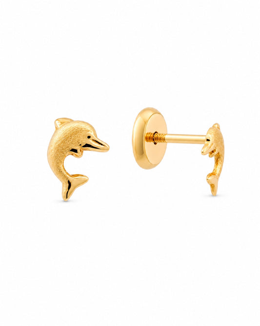 14K Yellow Gold Extra Small Matted Dolphin Screwback Earring