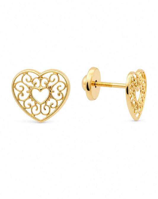 14K Yellow Gold Open Heart with Design Screwback Earring