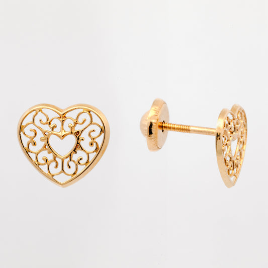 14K Yellow Gold Open Heart with Design Screwback Earring