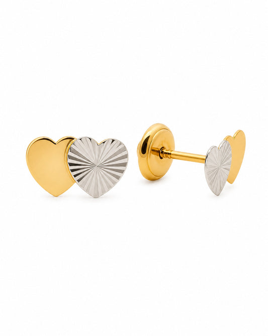 14K Two-Tones Plain and Diamond Cut Heart Screwback Earring