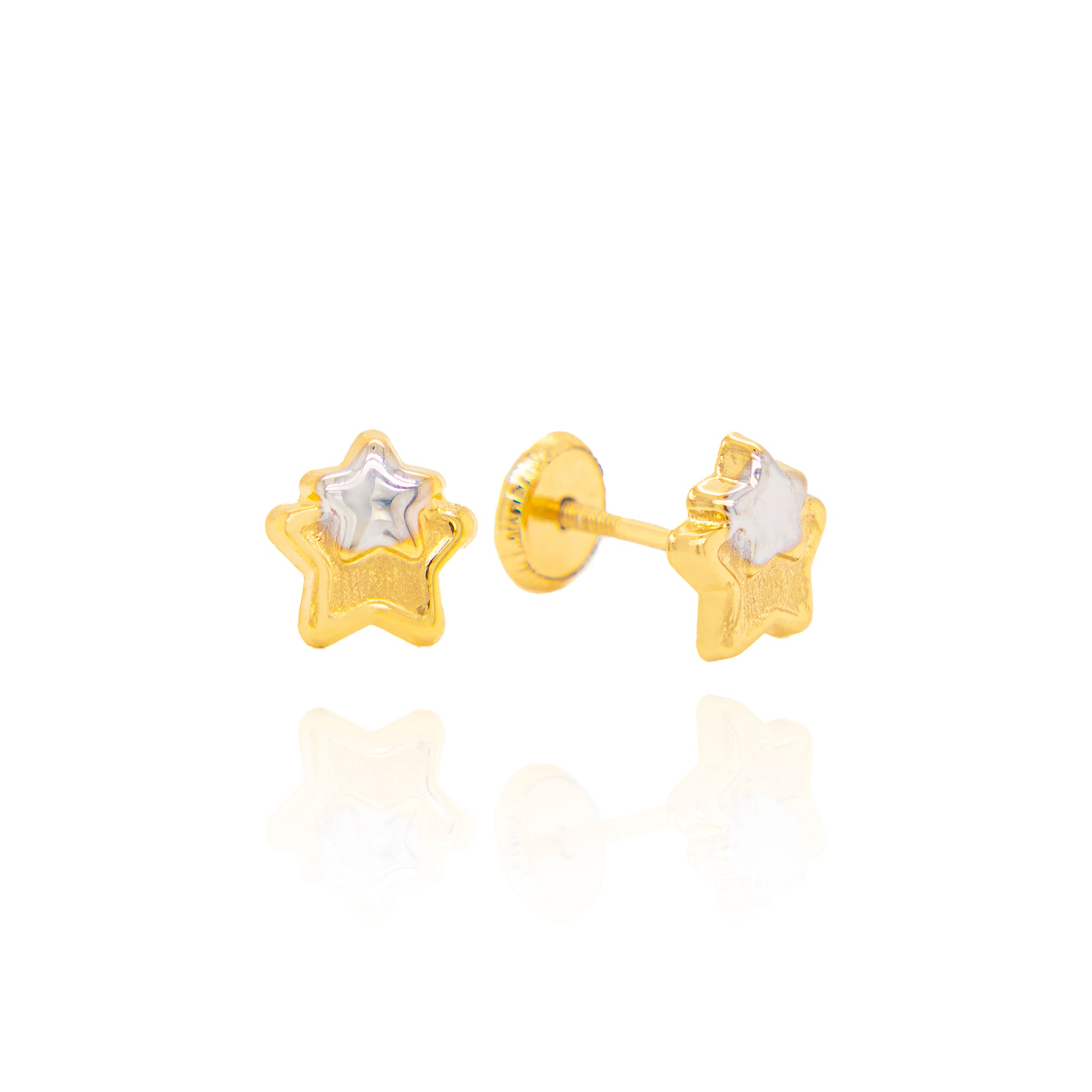14K Two-Tones Gold Small Double Star Screwback Earrings