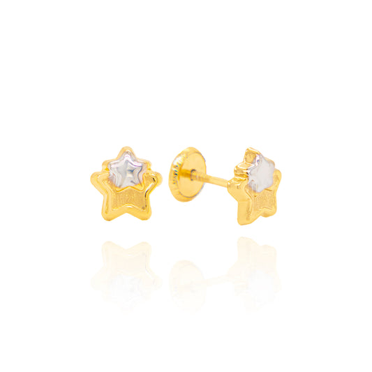 14K Two-Tones Gold Small Double Star Screwback Earrings