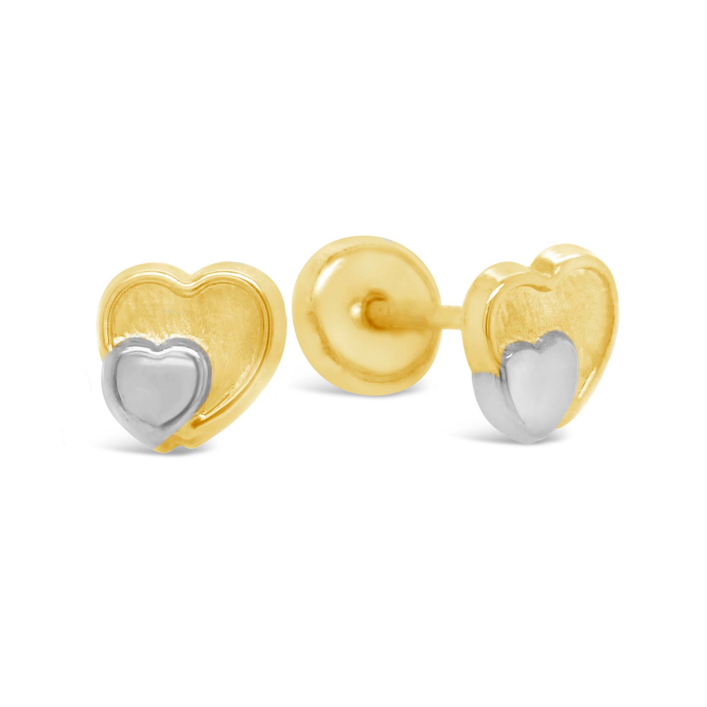 14K Two Tones Gold Double Heart Stud Screwback Earring