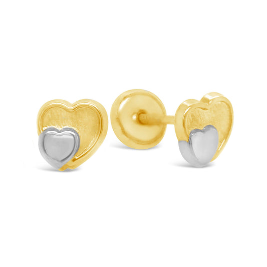 14K Two Tones Gold Double Heart Stud Screwback Earring