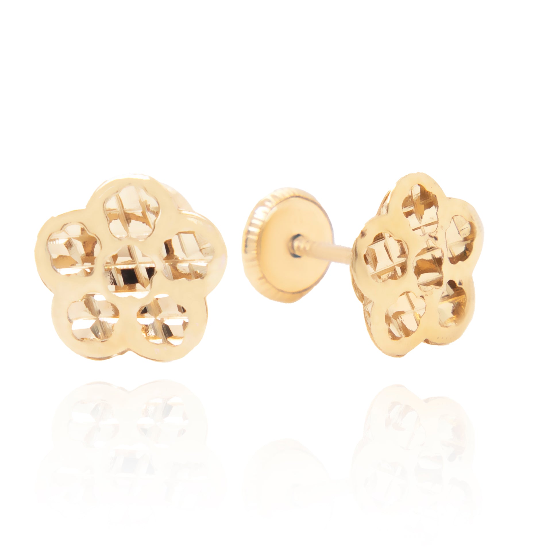 14K Yellow Gold Diamond-Cut Flower Screwback Earrings