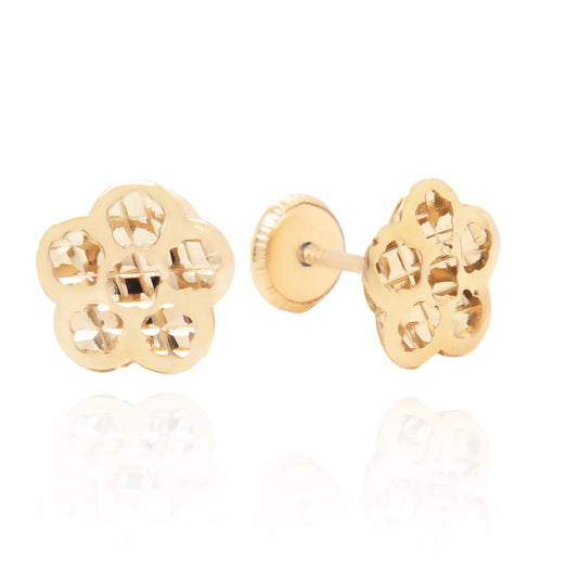 14K Yellow Gold Diamond-Cut Flower Screwback Earrings