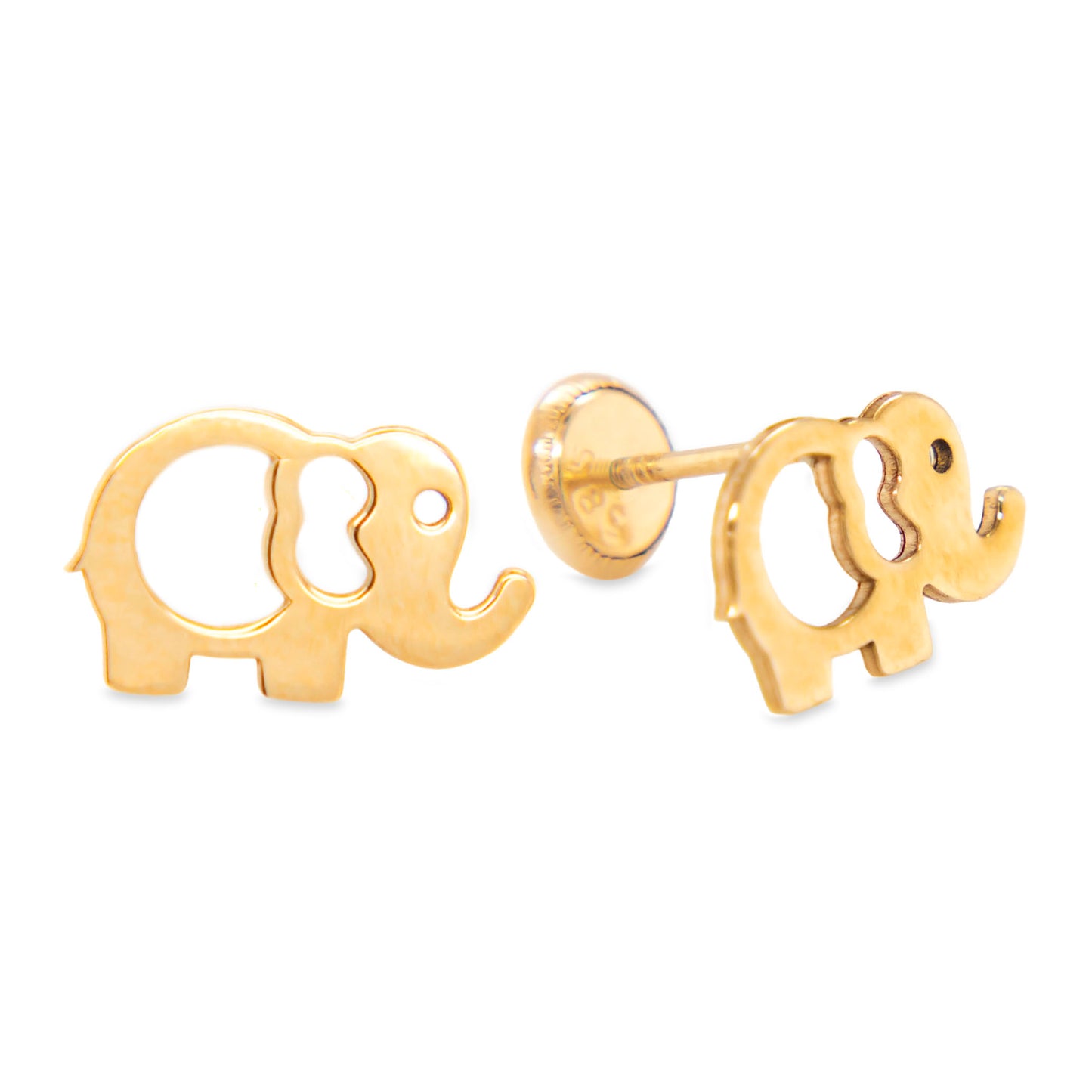 14K Yellow Gold Large Outline Elephant Screwback Earrings