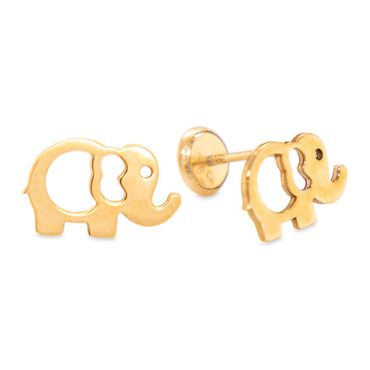 14K Yellow Gold Large Outline Elephant Screwback Earrings