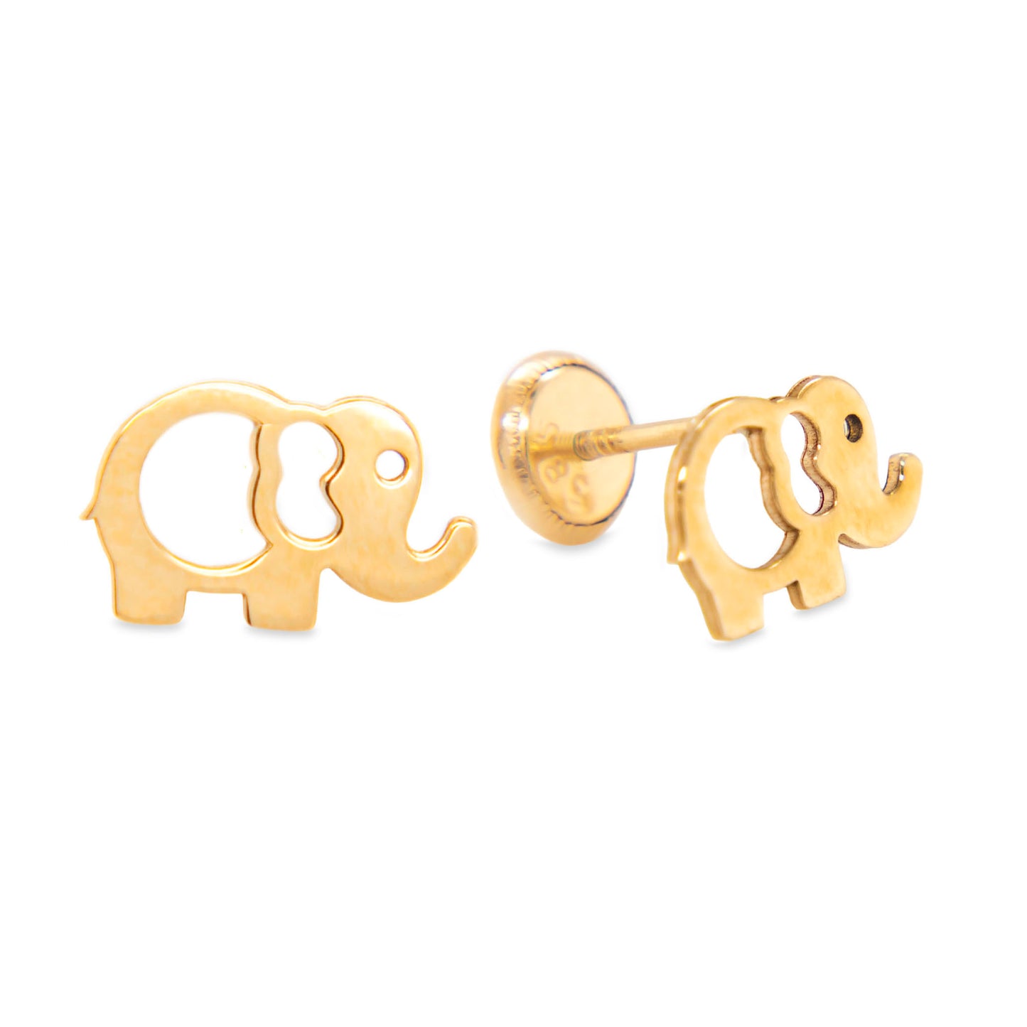 14K Yellow Gold Medium Outline Elephant Screwback Earrings