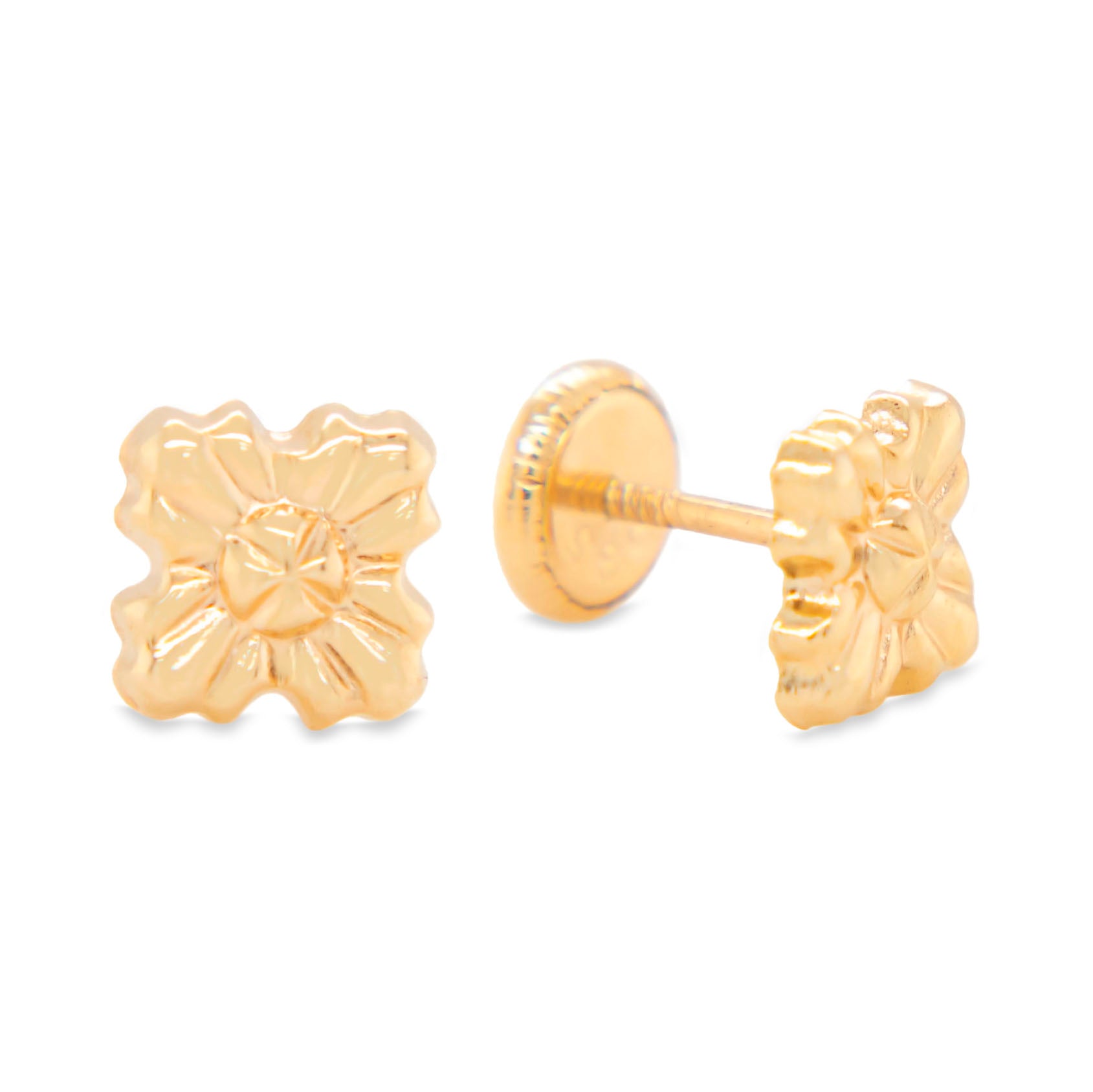 14K Yellow Gold Detailed Starburst Square Screwback Earrings