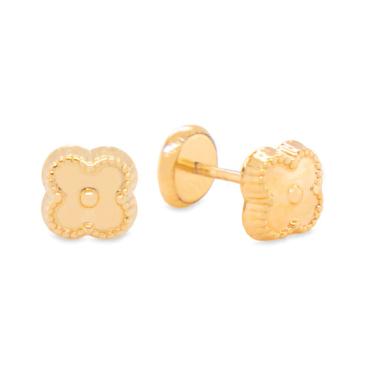 14K Yellow Gold Detailed Clover Screwback Earrings