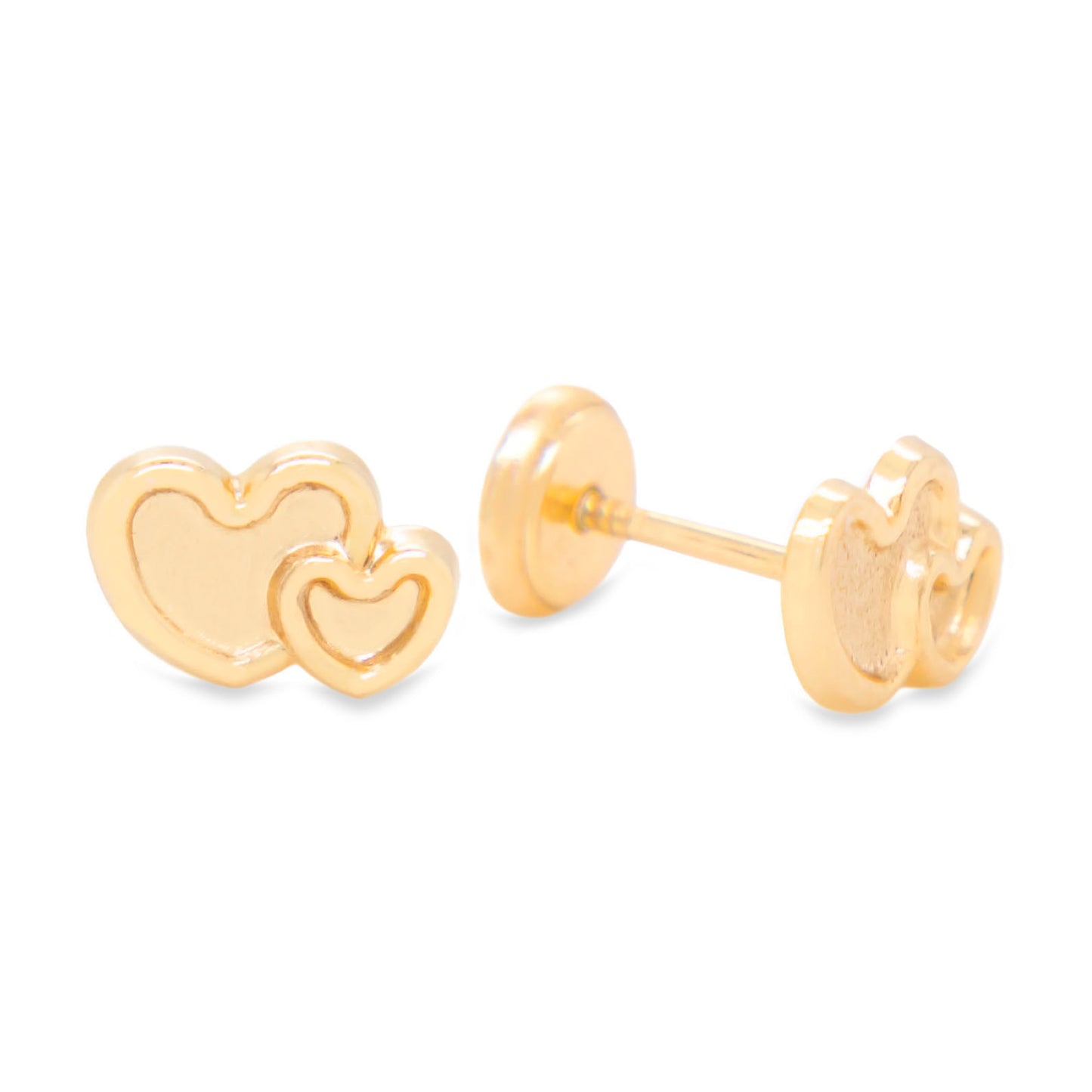 14K Yellow Gold Matte Double Heart Stud Screwback Earrings