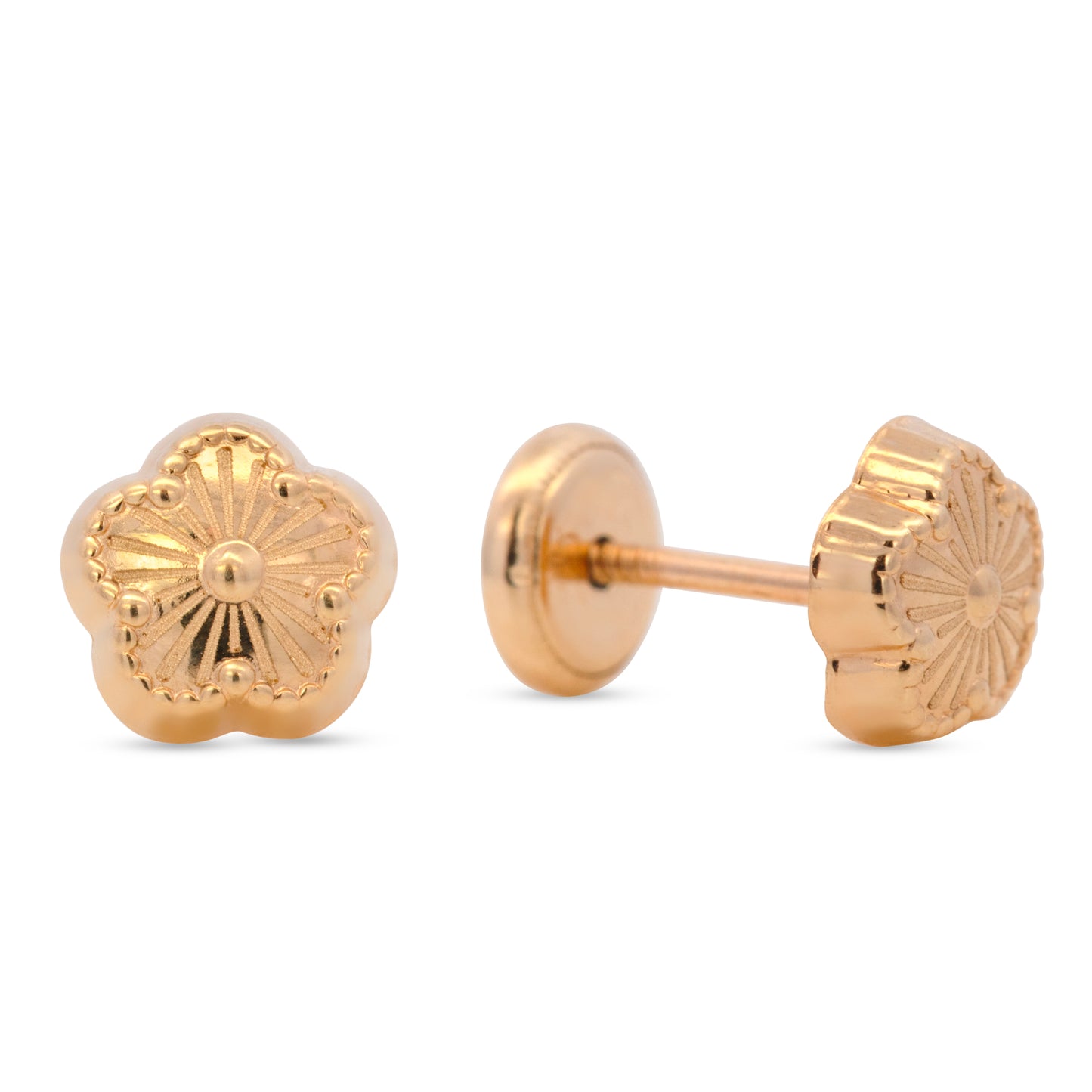 14K Yellow Gold Textured Flower Screwback Earrings-1