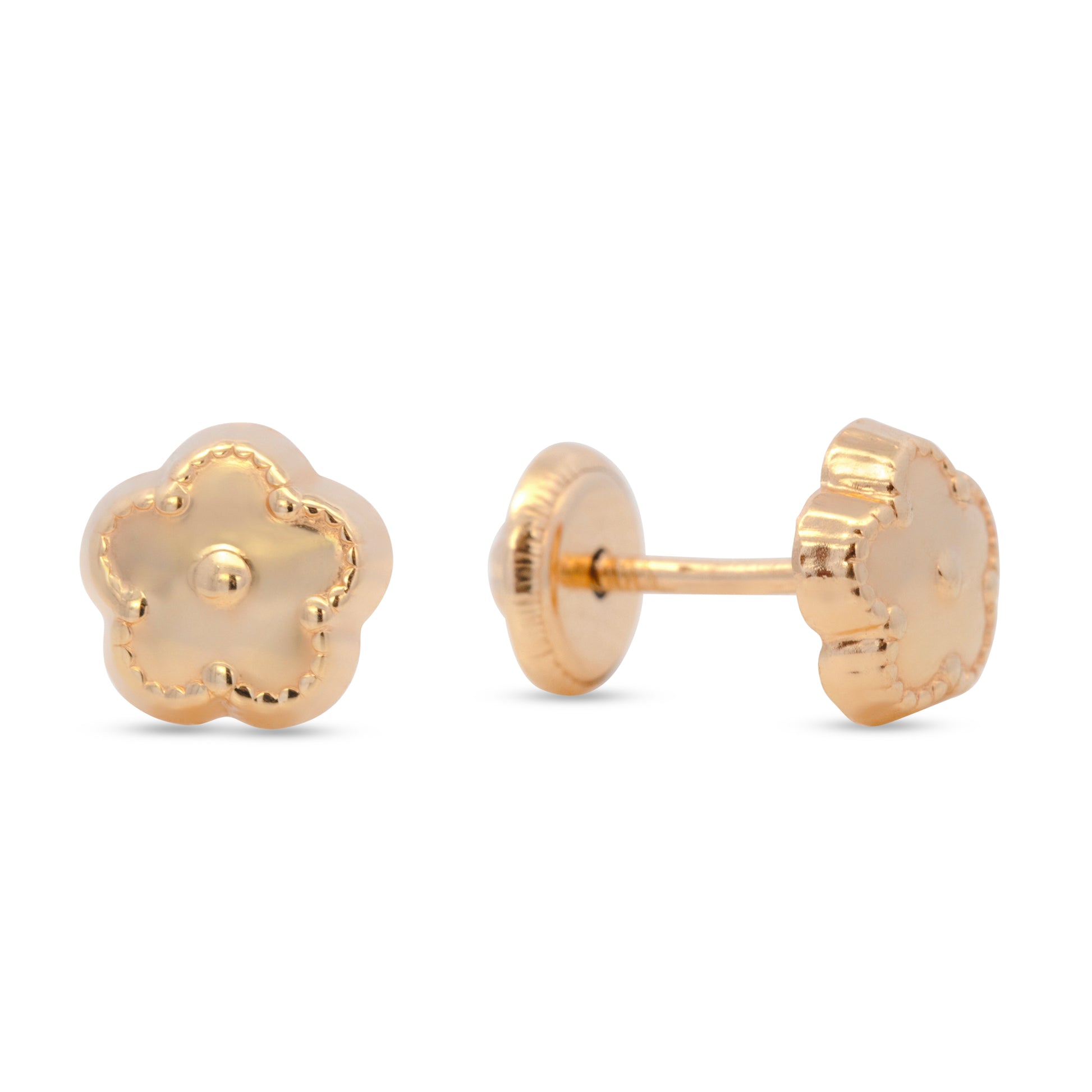 14K Yellow Gold Detailed Flower Screwback Earrings