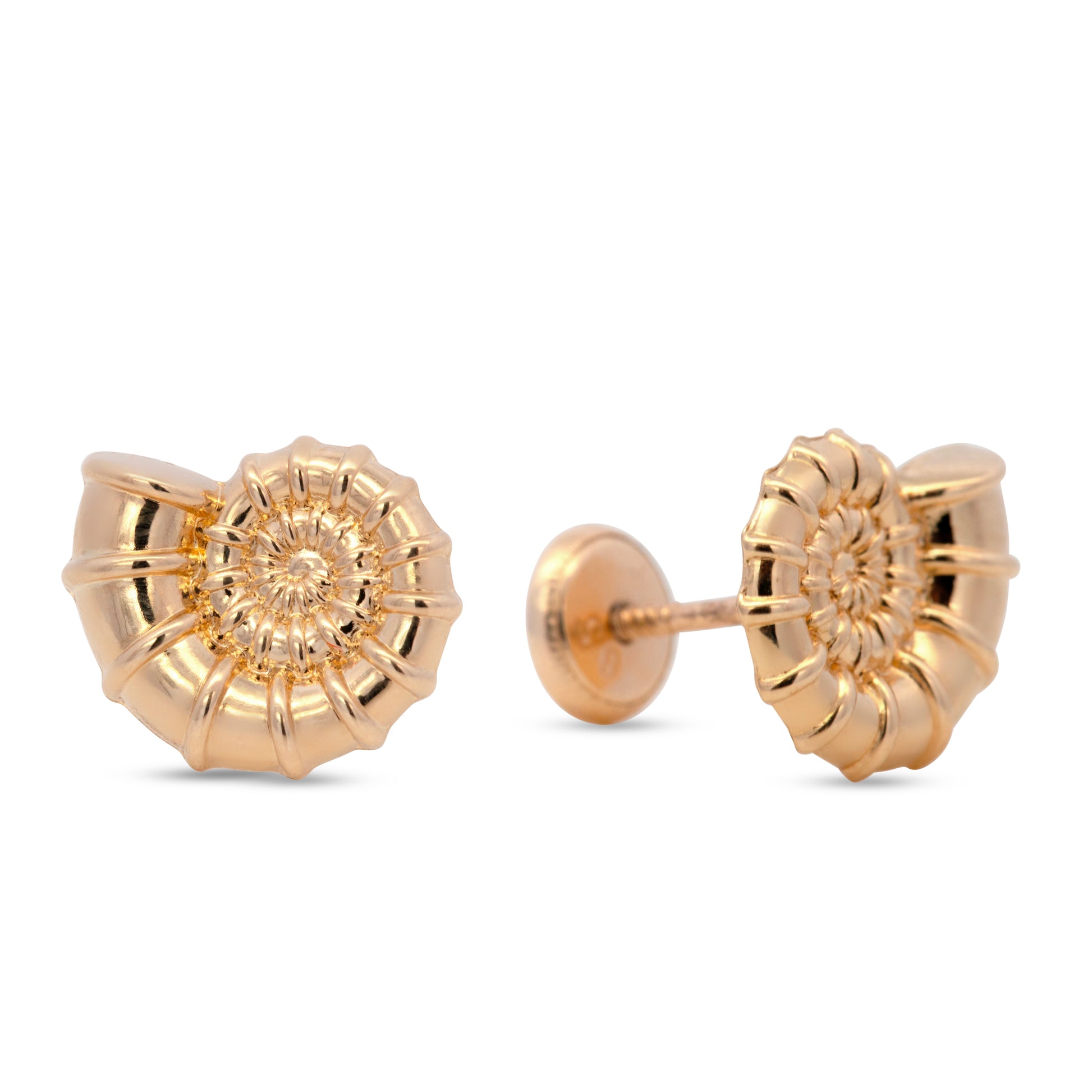 14K Yellow Gold Medium Detailed Spiral Snail Shell Screwback Earrings
