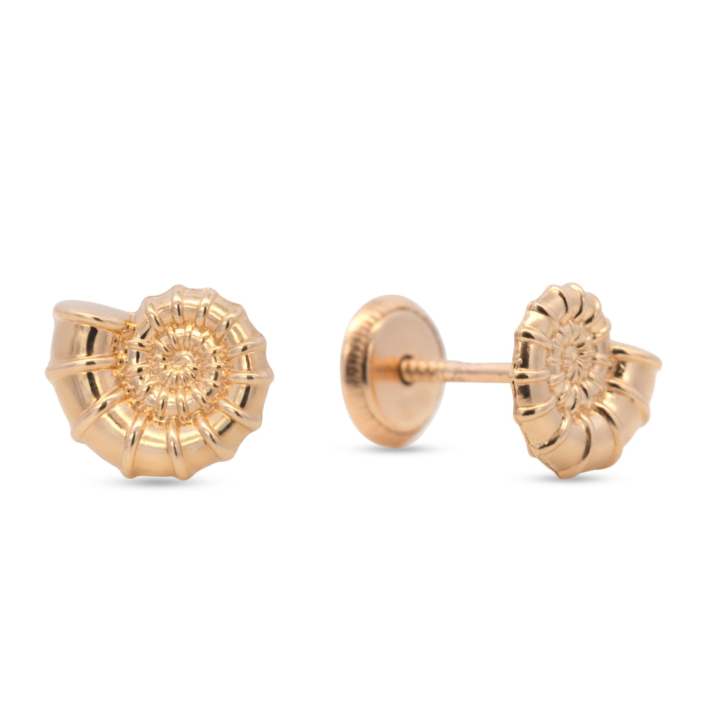 14K Yellow Gold Small Detailed Spiral Snail Shell Screwback Earrings