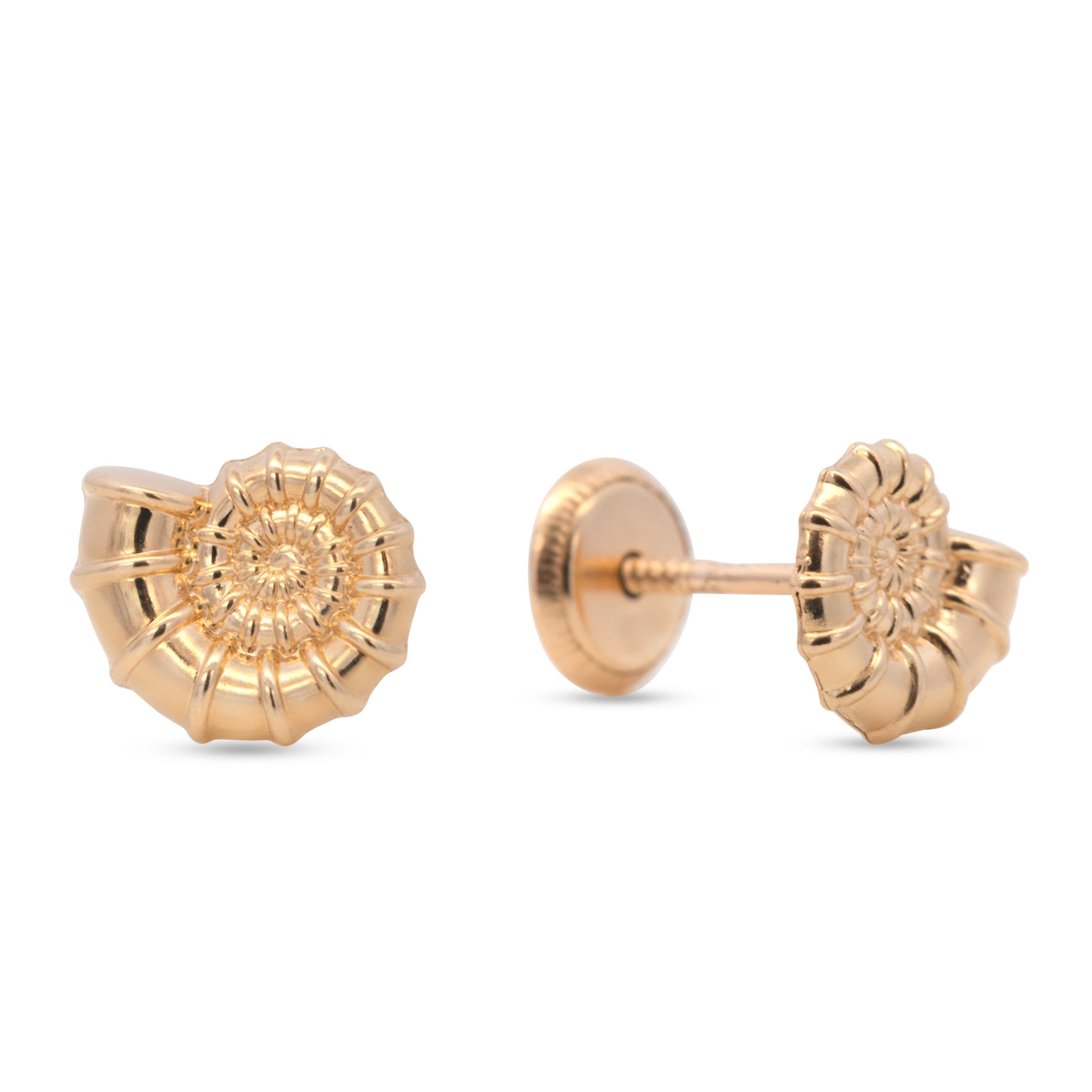 14K Yellow Gold Small Detailed Spiral Snail Shell Screwback Earrings