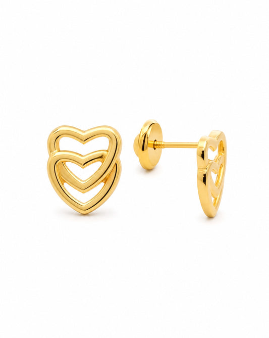 14K Yellow Gold Vertical Double Open Heart Screwback Earring