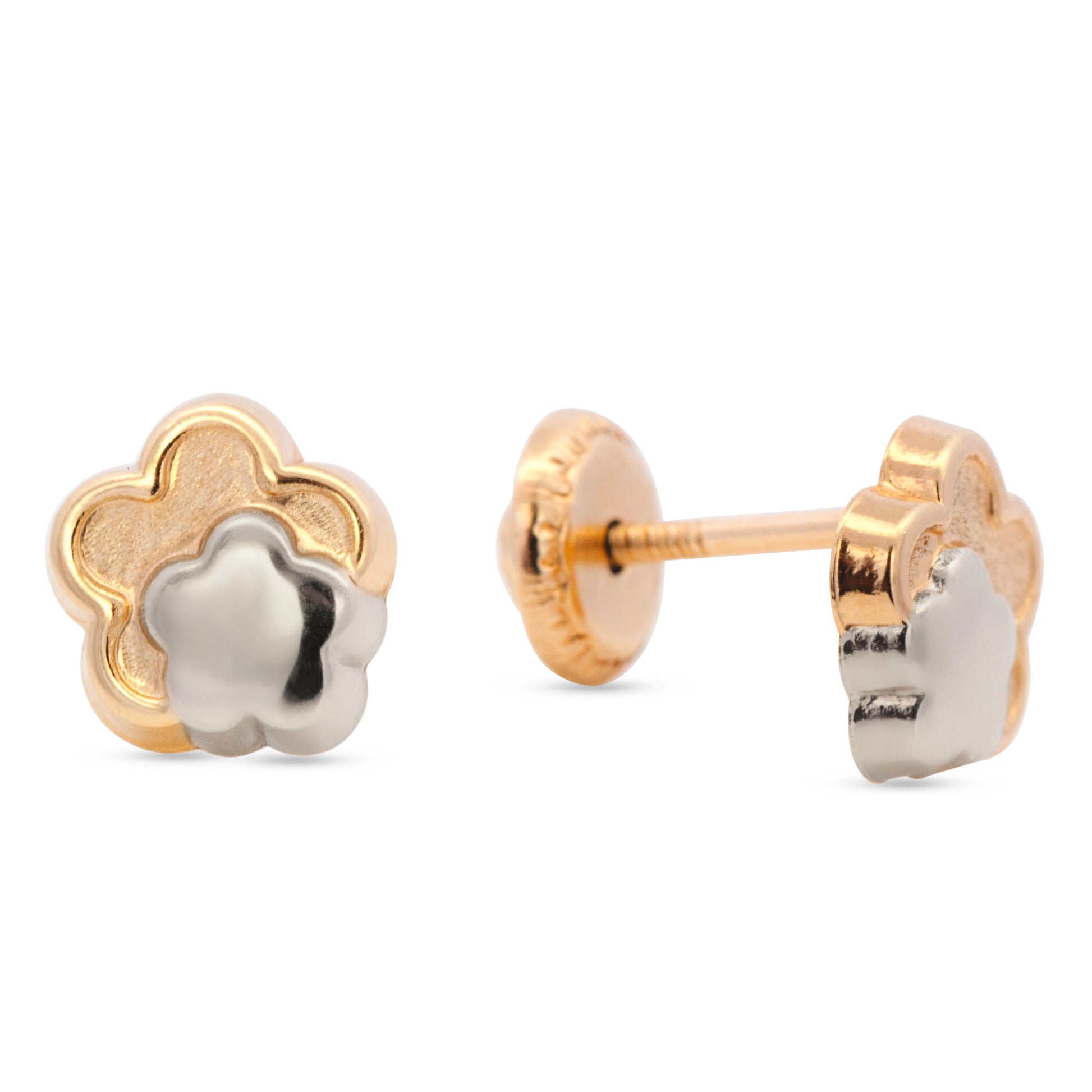 14K Two-Tones Gold Flower Screwback Earrings