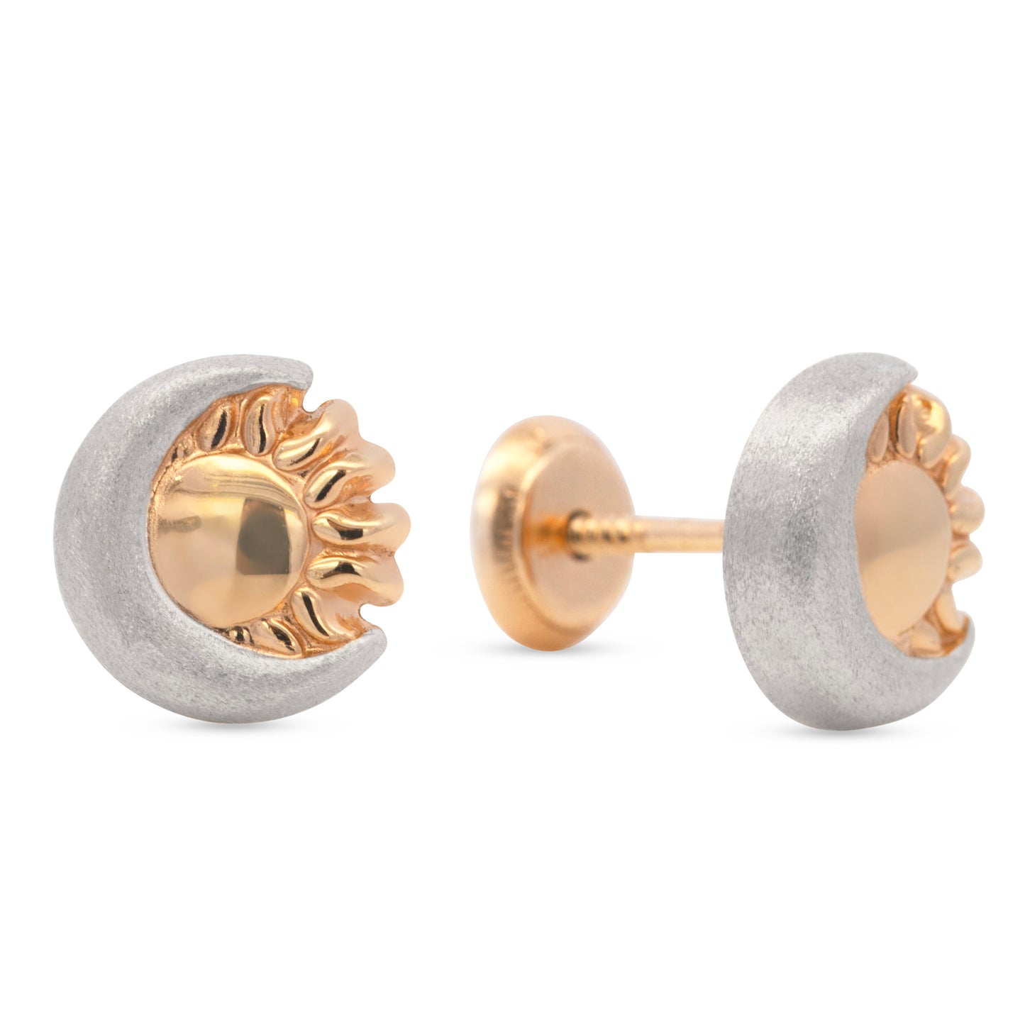 14K Two-Tones Gold Polished Sun and Matte Moon Screwback Earrings