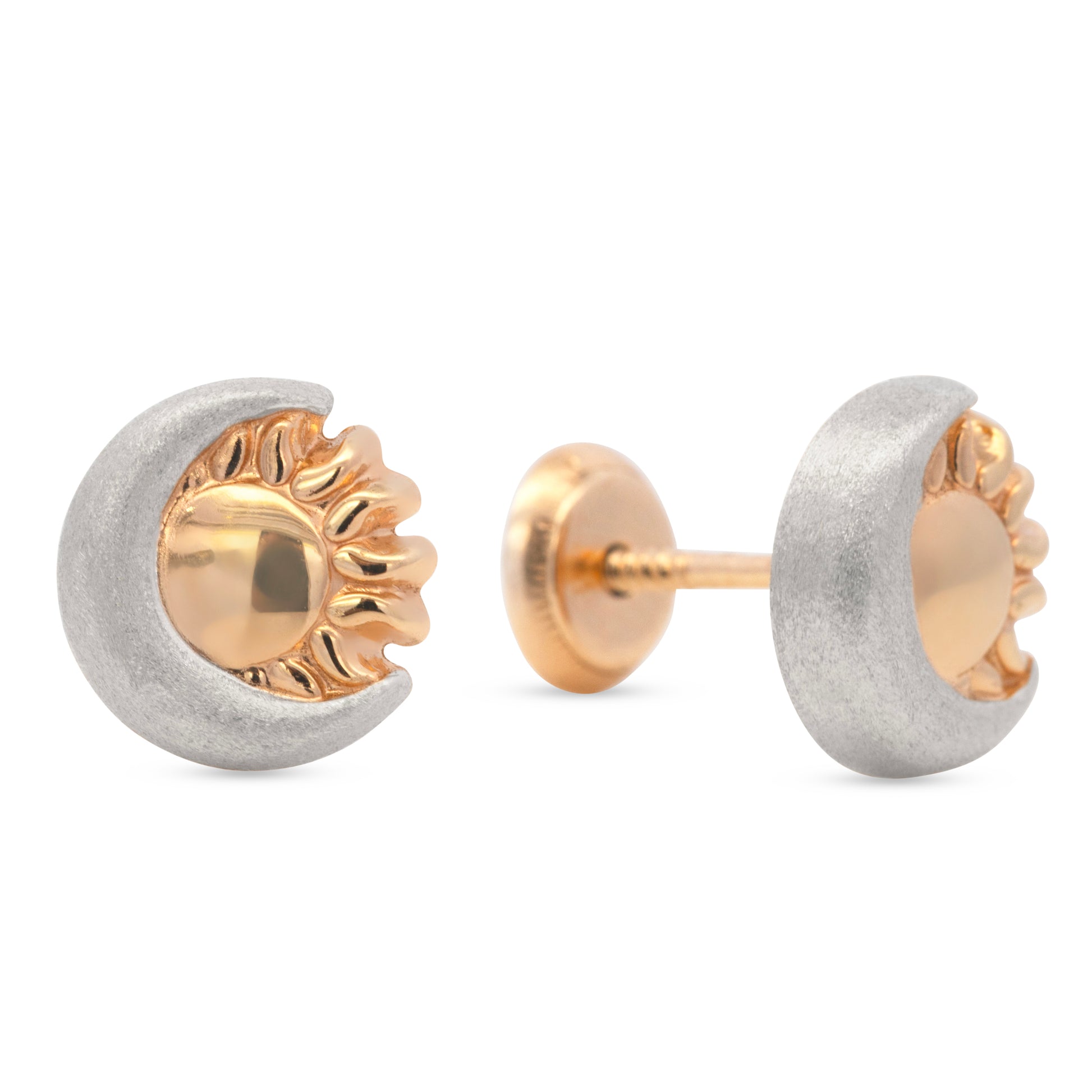 14K Two-Tones Gold Polished Sun and Matte Moon Screwback Earrings