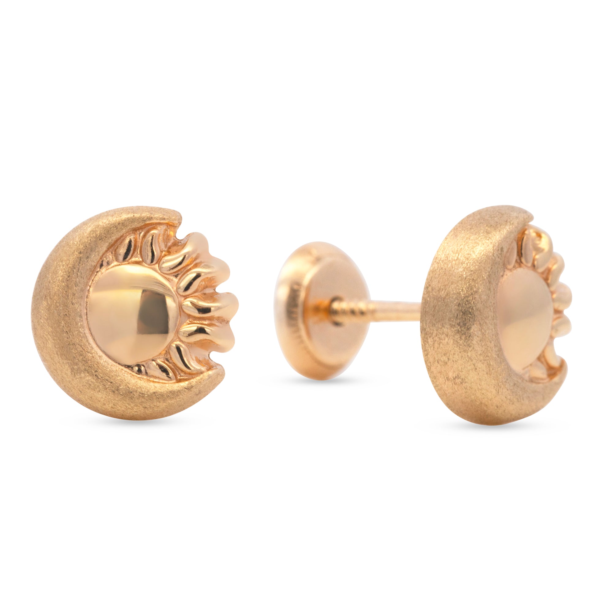 14K Yellow Gold Polished Sun and Matte Moon Screwback Earrings