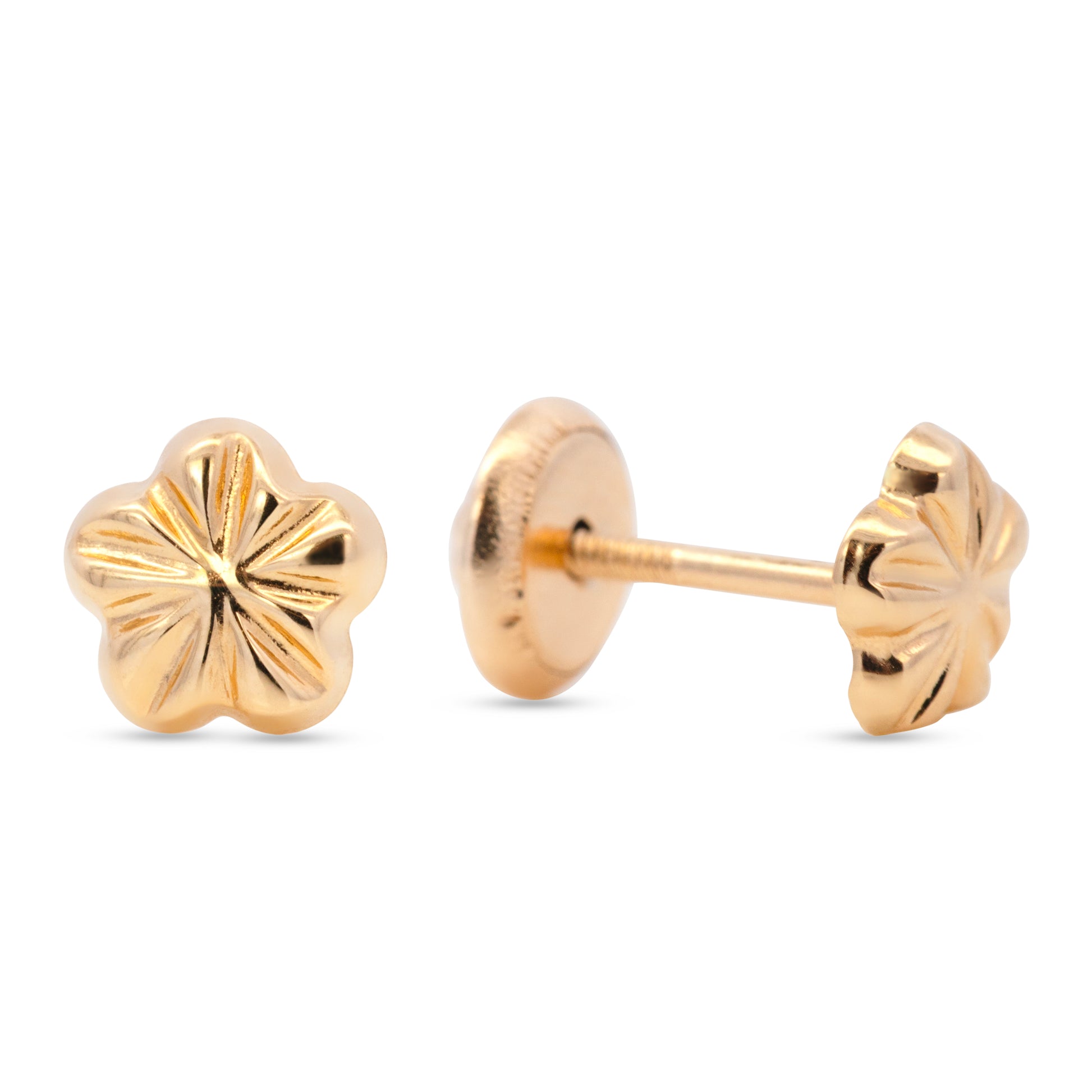 14K Yellow Gold Textured Flower Screwback Earrings