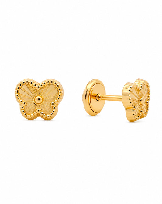 14K Yellow Gold Beaded Edge Butterfly Screwback Earring
