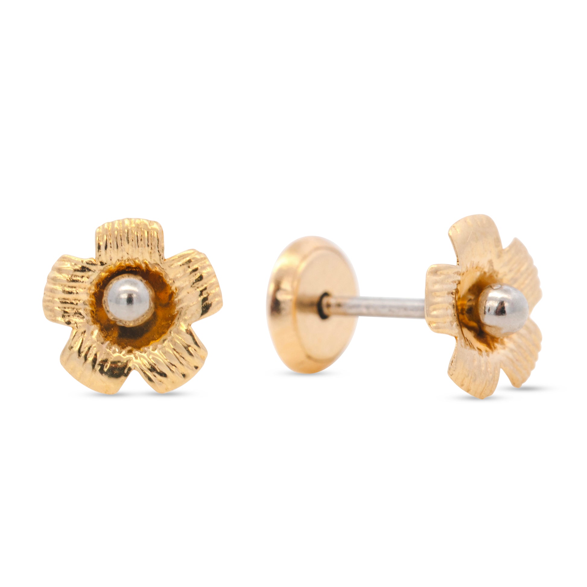 14K Two-Tone Gold Medium Detailed Flower Screwback Earrings