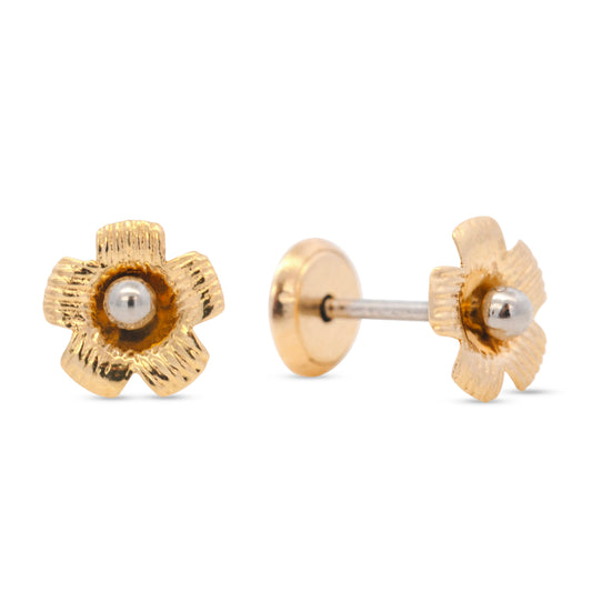 14K Two-Tone Gold Medium Detailed Flower Screwback Earrings