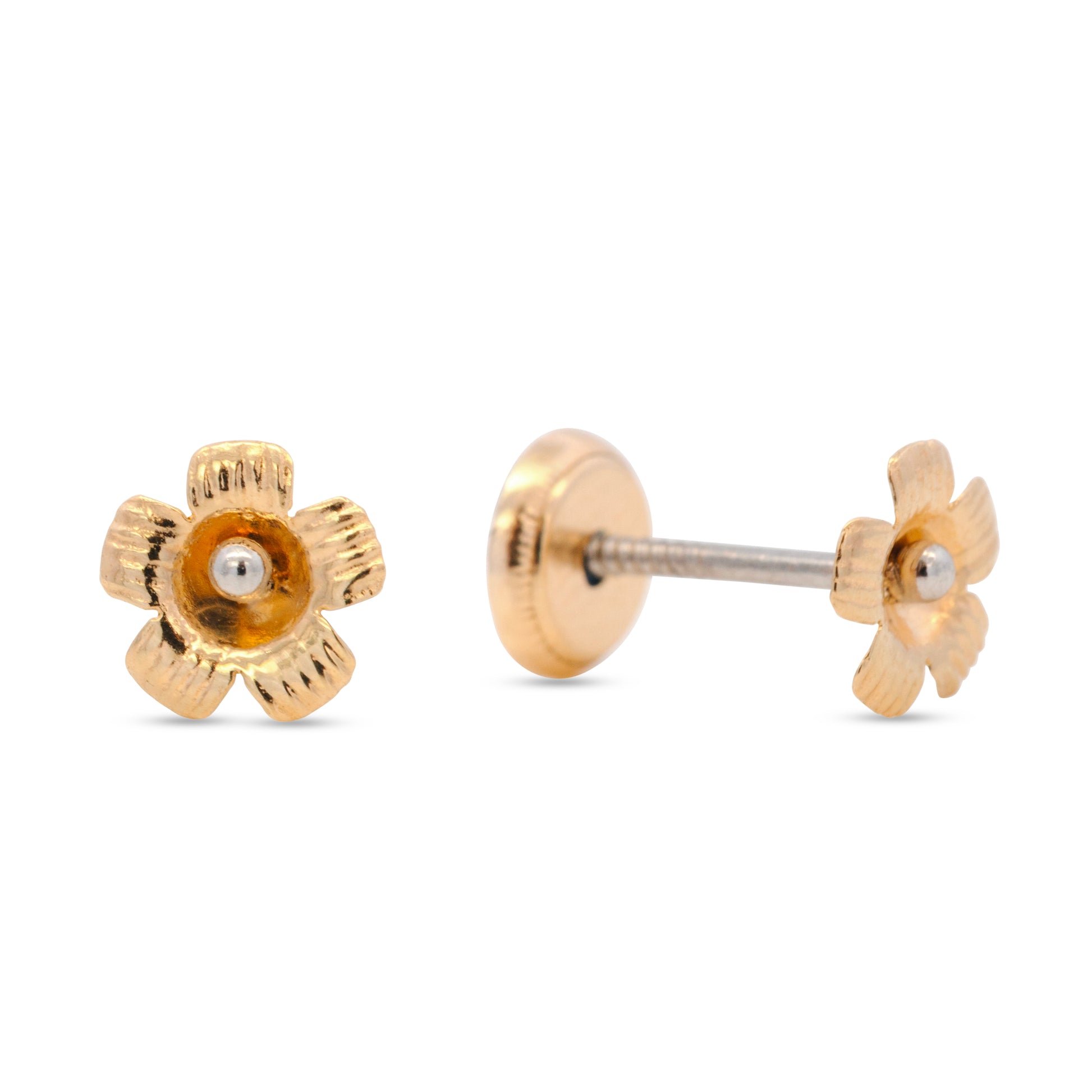 14K Two-Tone Gold Small Detailed Flower Screwback Earrings