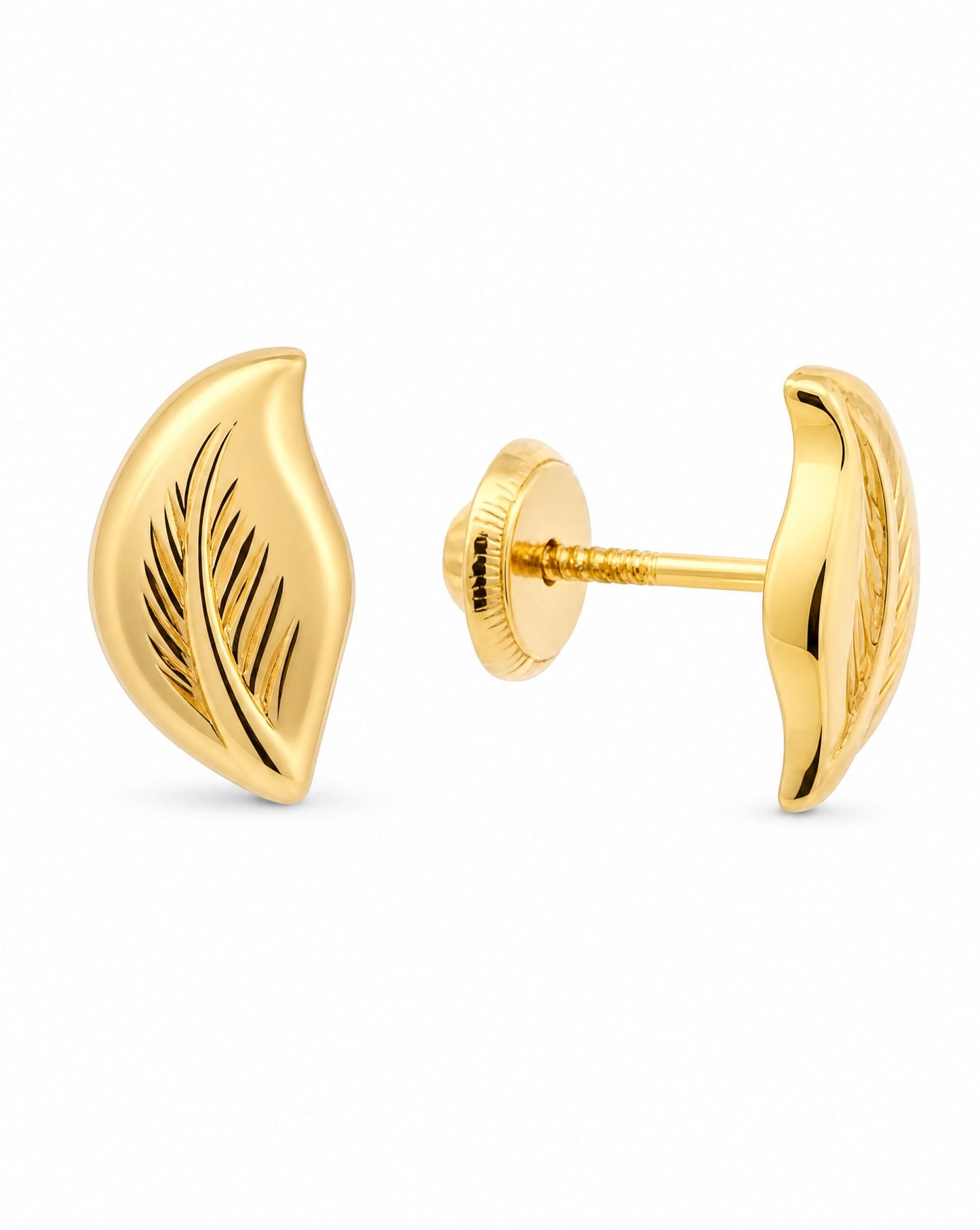 14K Yellow Gold Plain Leaf with Design Screwback Earring