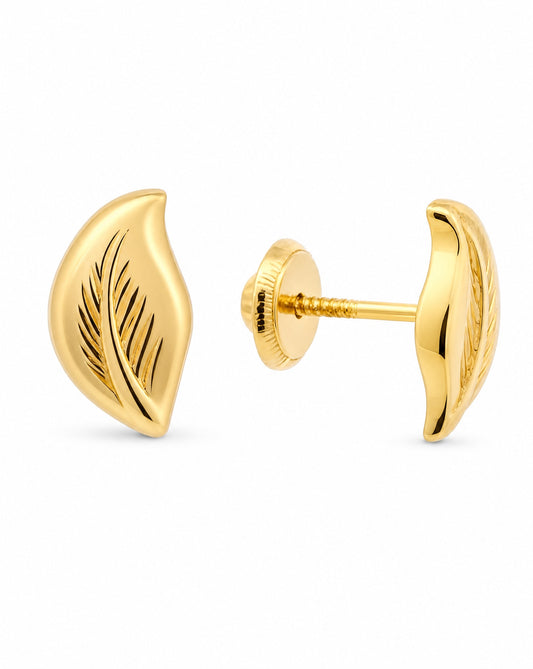14K Yellow Gold Plain Leaf with Design Screwback Earring