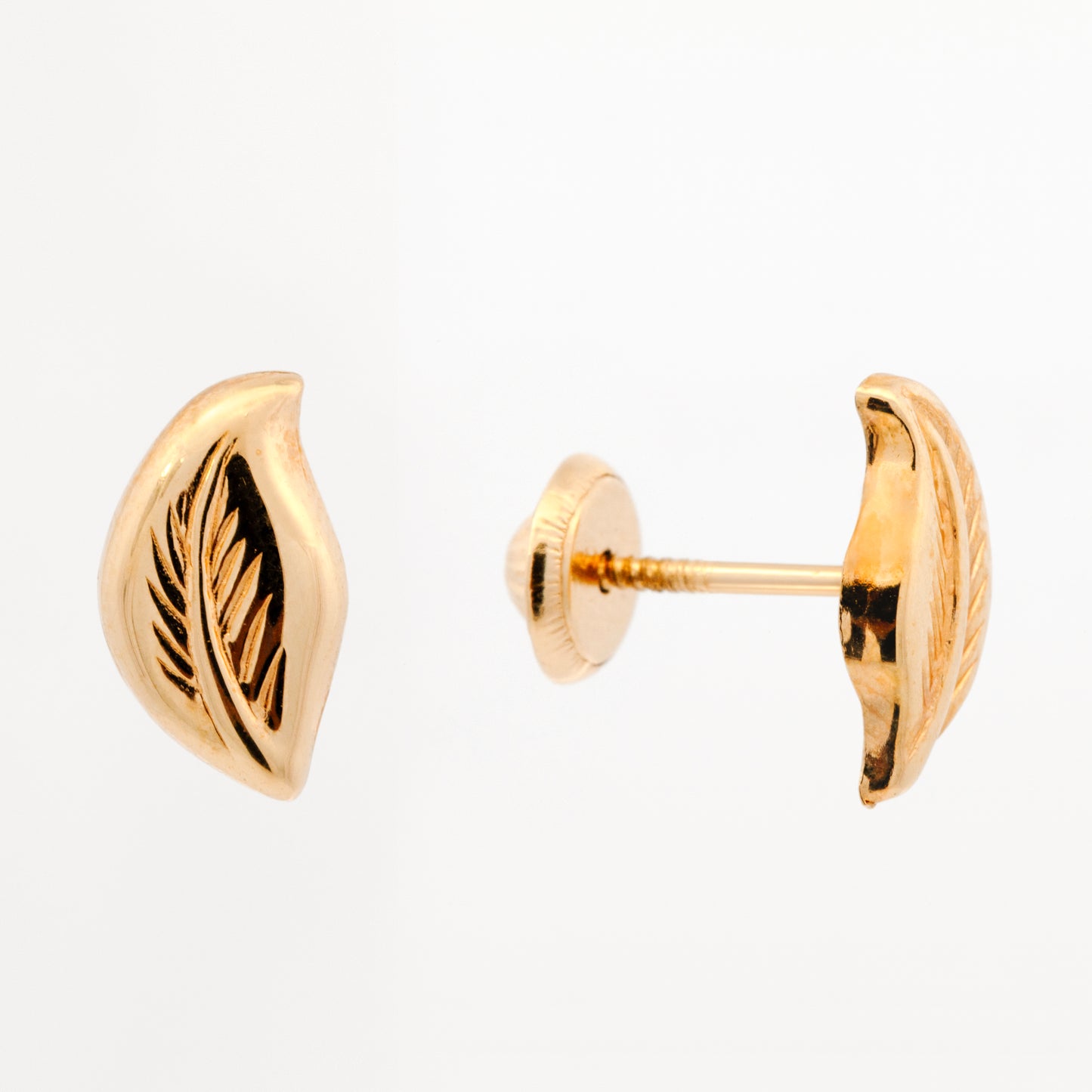 14K Yellow Gold Plain Leaf with Design Screwback Earring