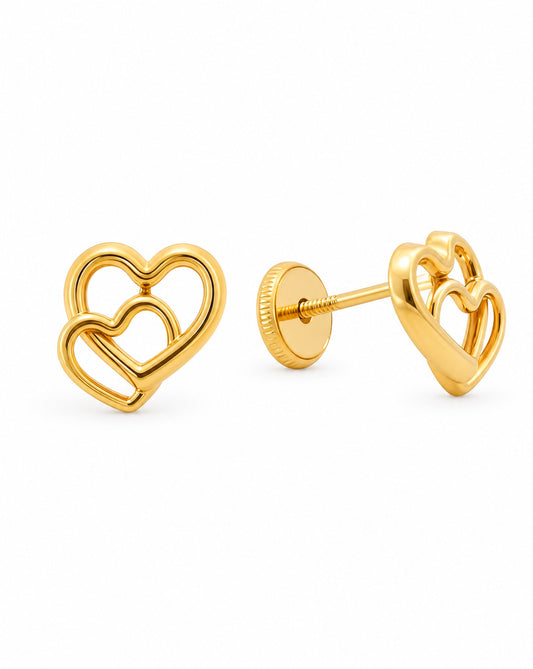 14K Yellow Gold Double Open Heart Screwback Earring