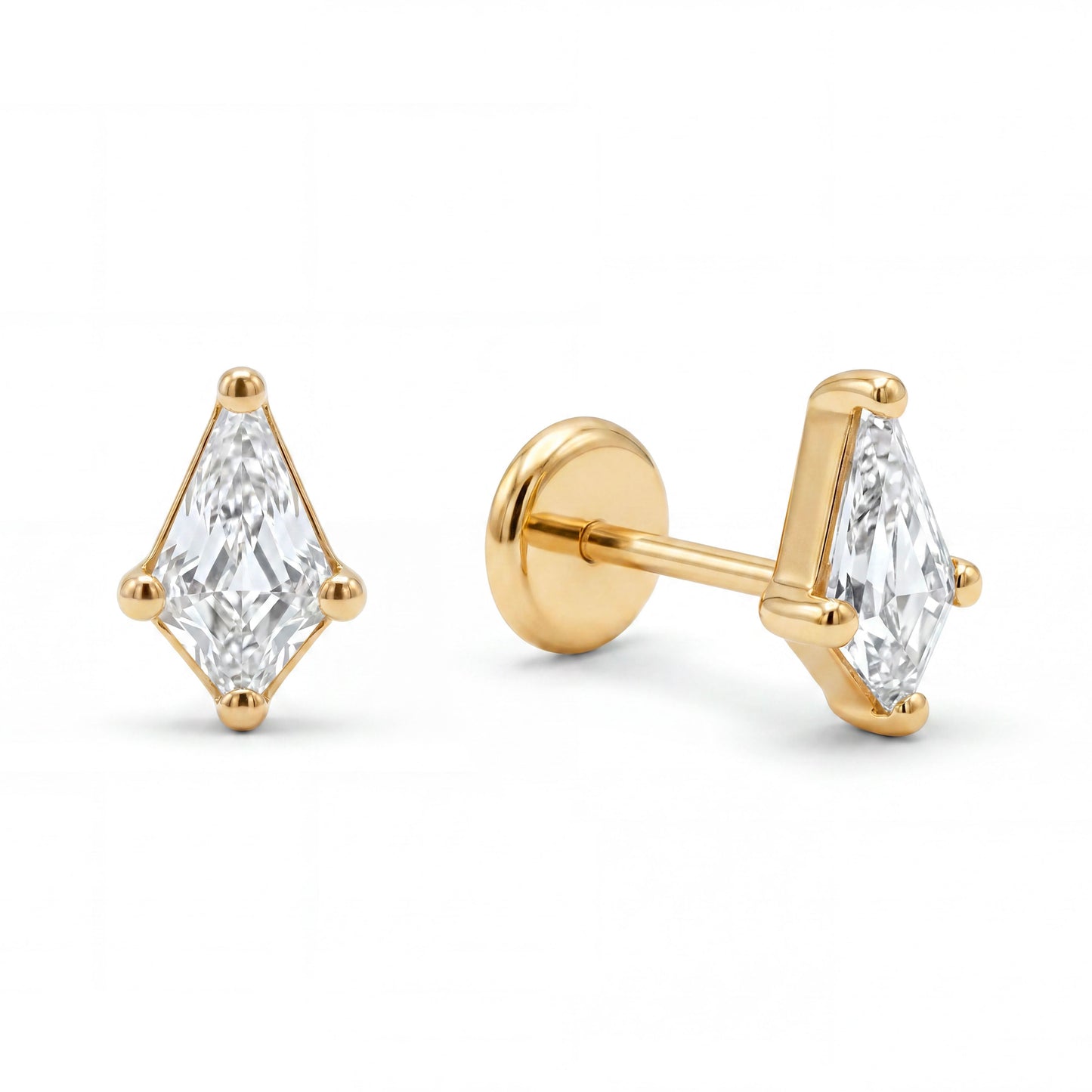 14K Yellow Gold CZ Elongated Rhombus Shape Screwback Earrings