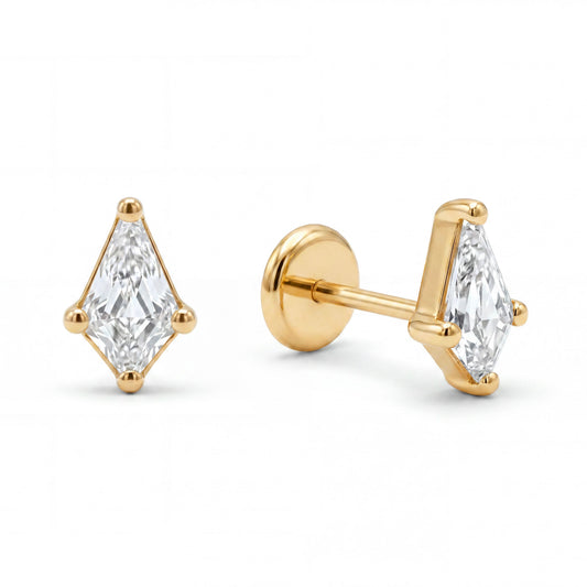 14K Yellow Gold CZ Elongated Rhombus Shape Screwback Earrings