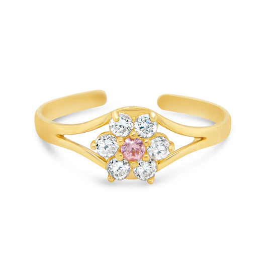 14K Yellow Gold Pink & White CZ Flower Toe Ring