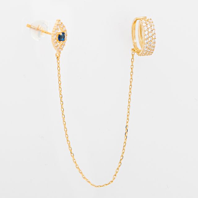 14K Yellow Gold Evil Eye Chain Ear Cuff